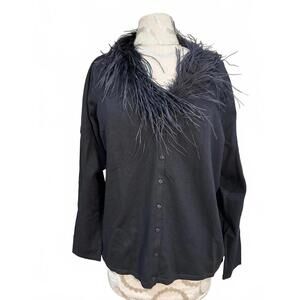August Silk 75% SILK Black Faux Feather Trim Button-up Cardigan- Size 1X